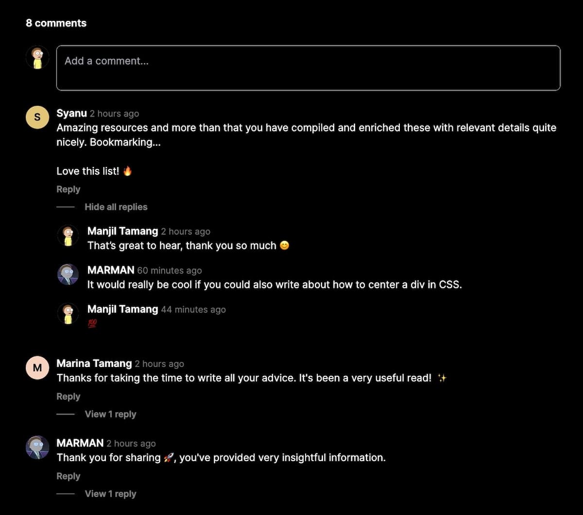 Commentsy comment interface in dark mode