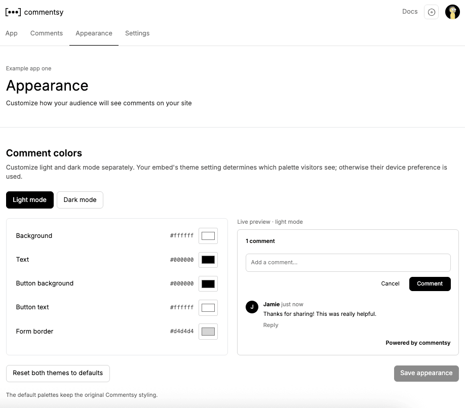 Appearance editor showing custom comment colors and a live light mode preview