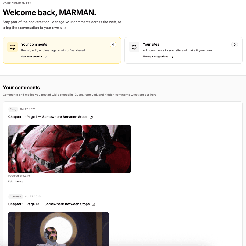 Personal comment history showing replies, GIFs, and links to the original discussions